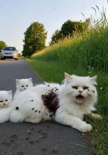 A kind-hearted man rescued a helpless persian cat on the roadside