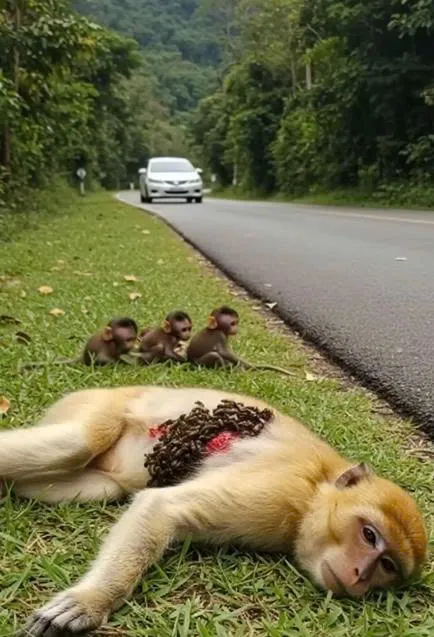 “Heart-Stopping Rescue of Mother Monkey on Busy Road”